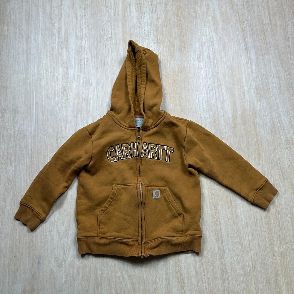 Carhartt Brown Embroidered Spellout Workwear Full Zip Fleece Hoodie Jacket 4T